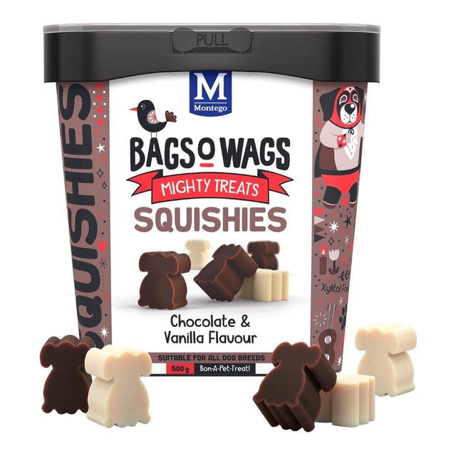 Montego Bags O Wags Squishies 500g chocolate and vanilla dog treats in a colorful container, ideal for rewarding pets.