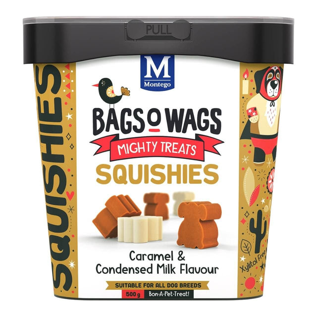 Montego Bags O Wags Squishies 500g tub featuring caramel and condensed milk flavor dog treats.