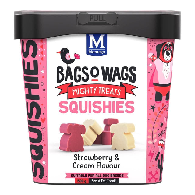 Montego Bags O Wags Squishies 500g Strawberry & Cream Flavour dog treats in a colorful packaging.
