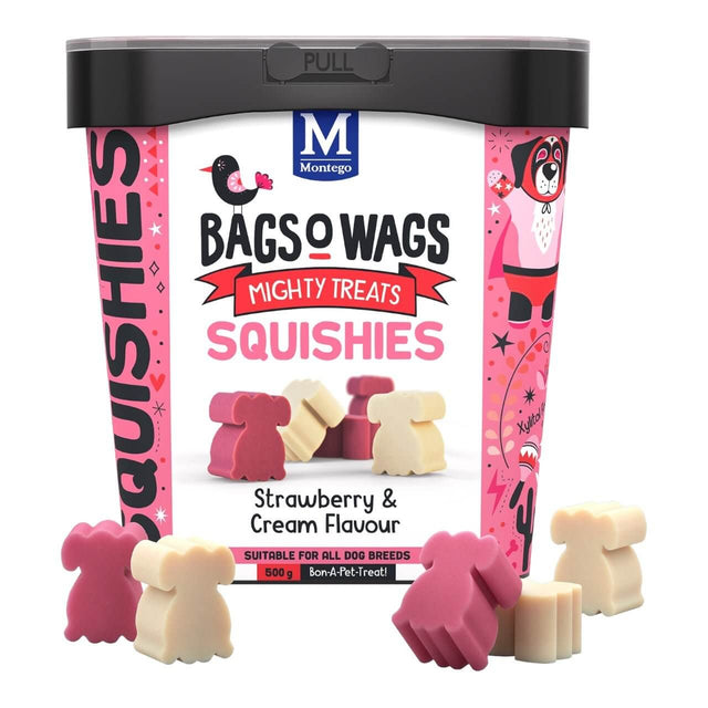 Montego Bags O Wags Squishies 500g with strawberry and cream flavored dog treats in a colorful container.