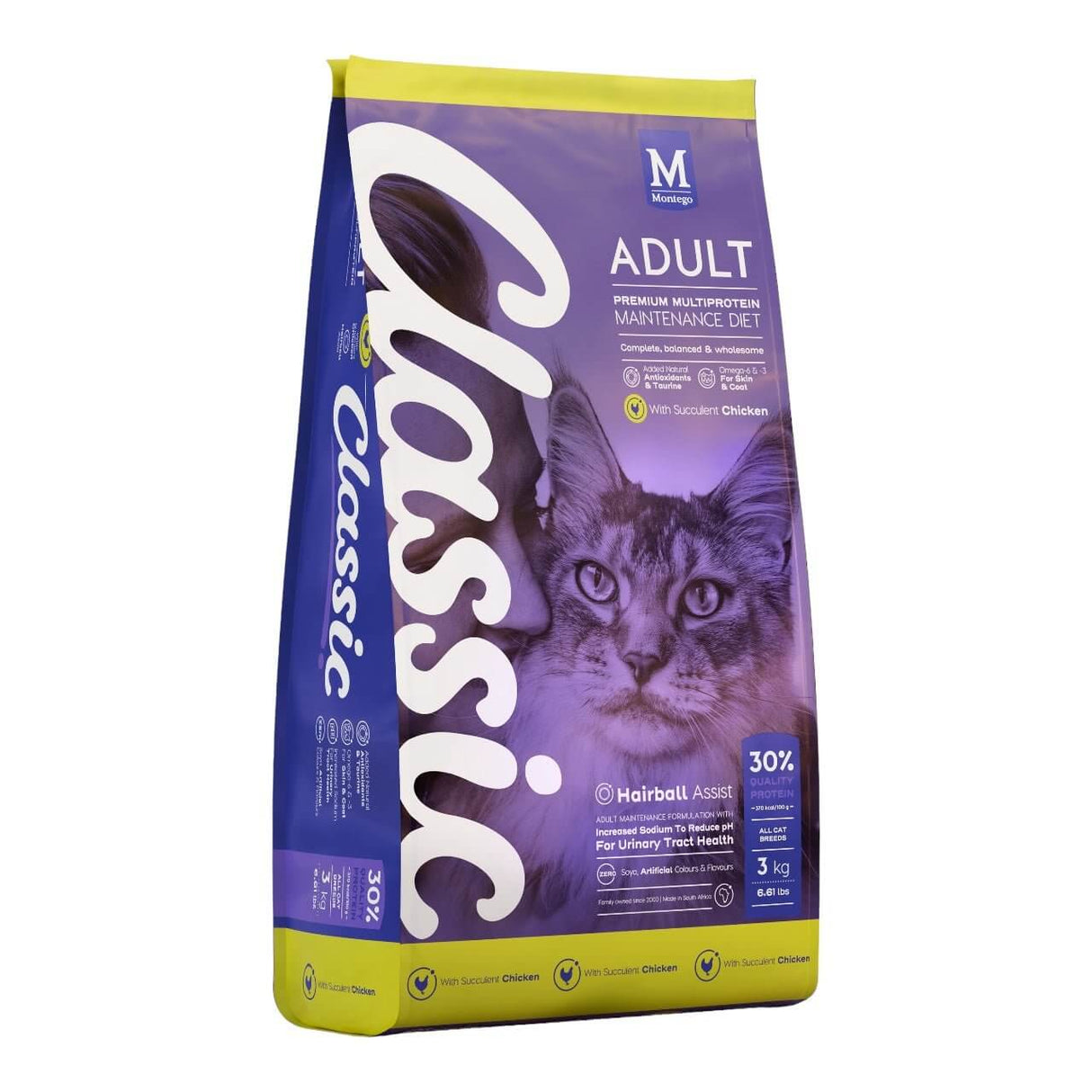 Montego Classic Adult Cat Food bag featuring premium chicken formula for balanced nutrition and hairball assist, 3 kg.