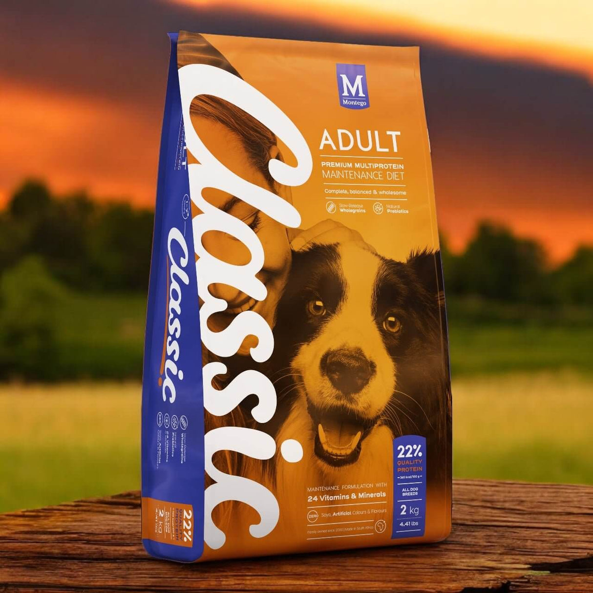 Montego Classic Adult Dog Food bag featuring nutritional benefits and a dog image against a sunset background.