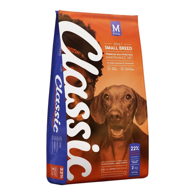 Montego Classic Adult Small Breed Dog Food 2kg bag, premium nutrition for adult dogs with high digestibility and taste.