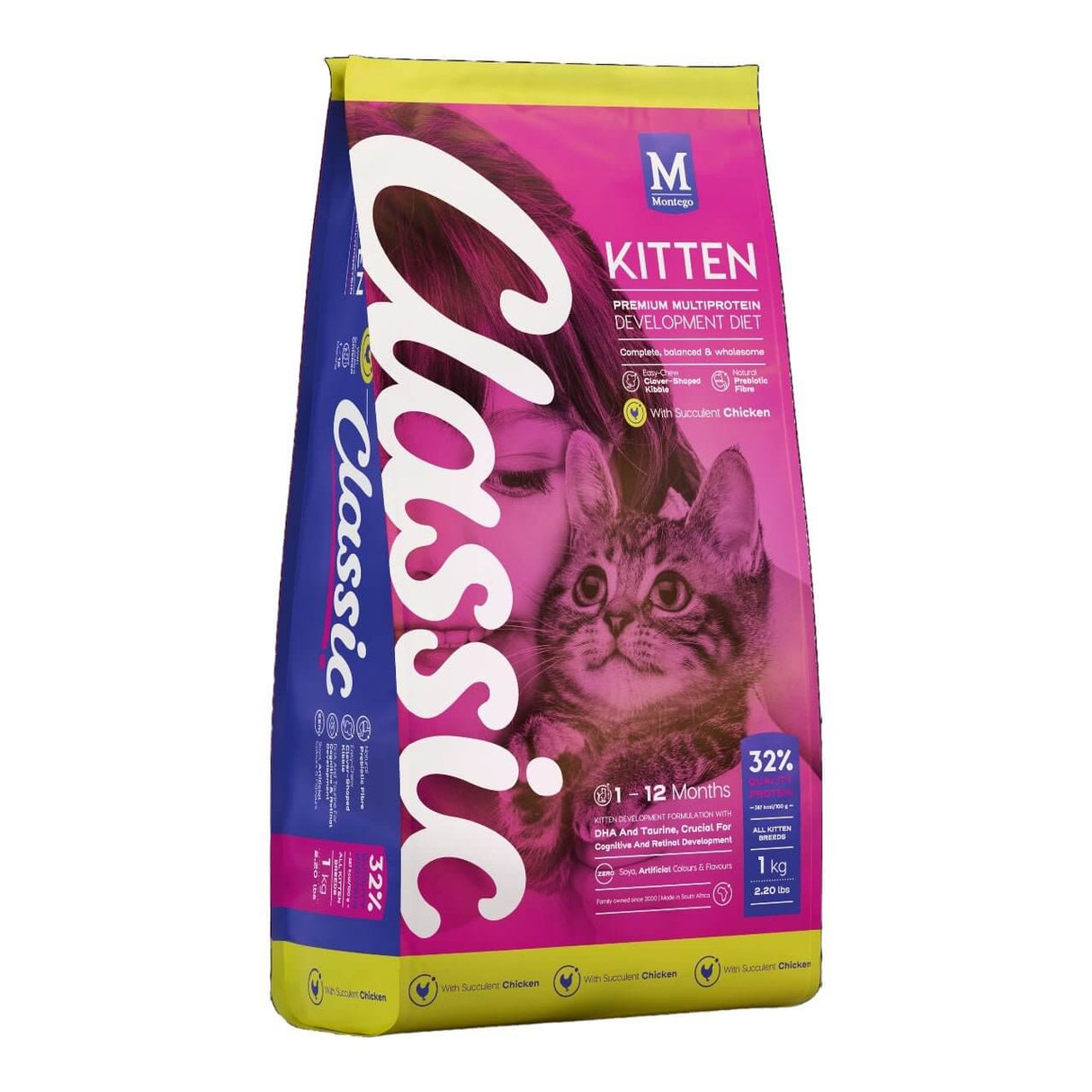 Montego Classic Kitten Food packaging featuring a playful kitten, designed for complete nutrition and healthy development.