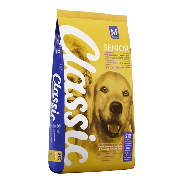 Montego Classic Senior Dog Food 10kg bag, premium nutrition for aging dogs, with real meat for optimal health.
