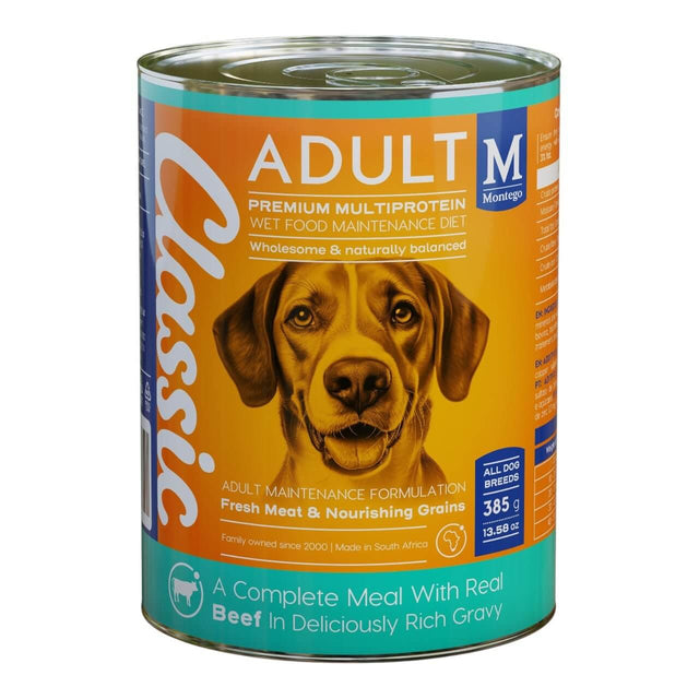 Montego Classic Wet Adult Food can, featuring real beef in rich gravy, for balanced dog nutrition. 385g can size.
