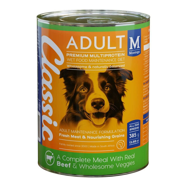Montego Classic Wet Adult Food can with beef and wholesome veggies, providing balanced nutrition for dogs.