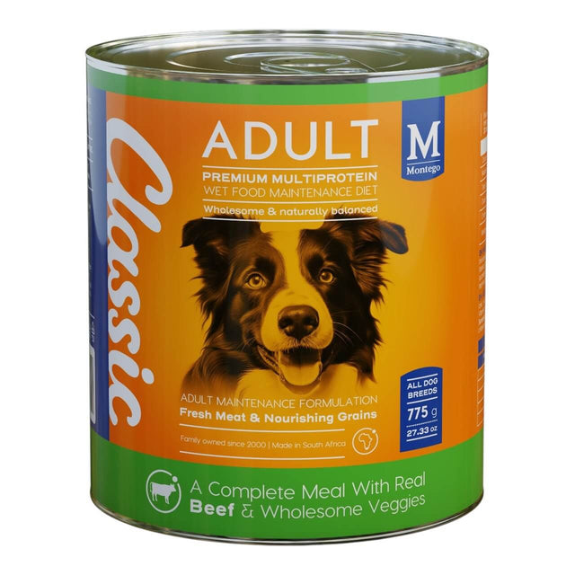 Montego Classic Wet Adult Food can featuring premium multiprotein formula with beef and wholesome veggies for dogs.