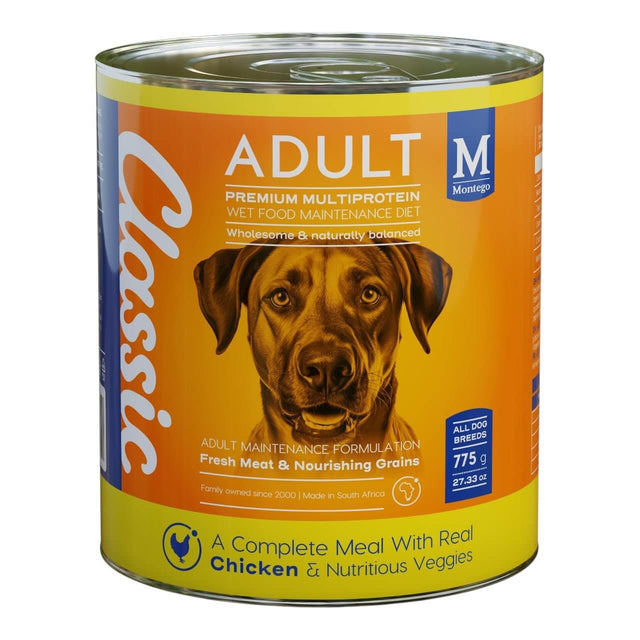 Montego Classic Wet Adult Food can featuring rich chicken and nutritious veggies for balanced dog nutrition.