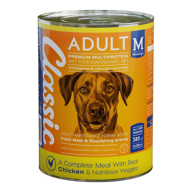 Montego Classic Wet Adult Food can for dogs, featuring rich chicken and nutritious veggies, 385g premium nutrition.