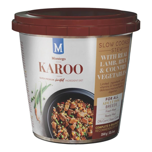 Montego Karoo Adult Dog Wet Food 380g in a brown container featuring slow-cooked lamb, rice, and vegetables.