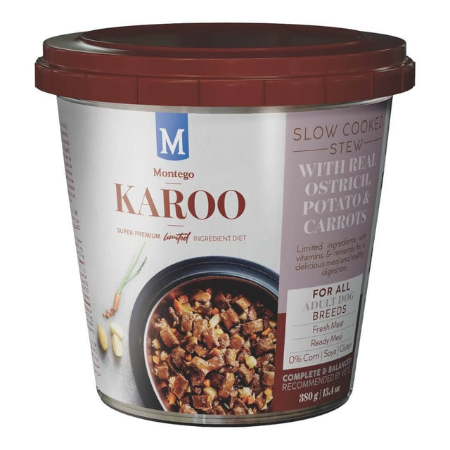 Montego Karoo Adult Dog Wet Food 380g, slow-cooked stew with ostrich, potato, and carrots for healthy digestion and nutrition.