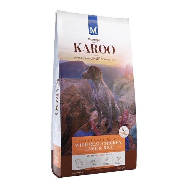 Montego Karoo Chicken and Lamb Adult Dog Food bag, featuring a premium recipe for active adult dogs, with a scenic outdoor background.