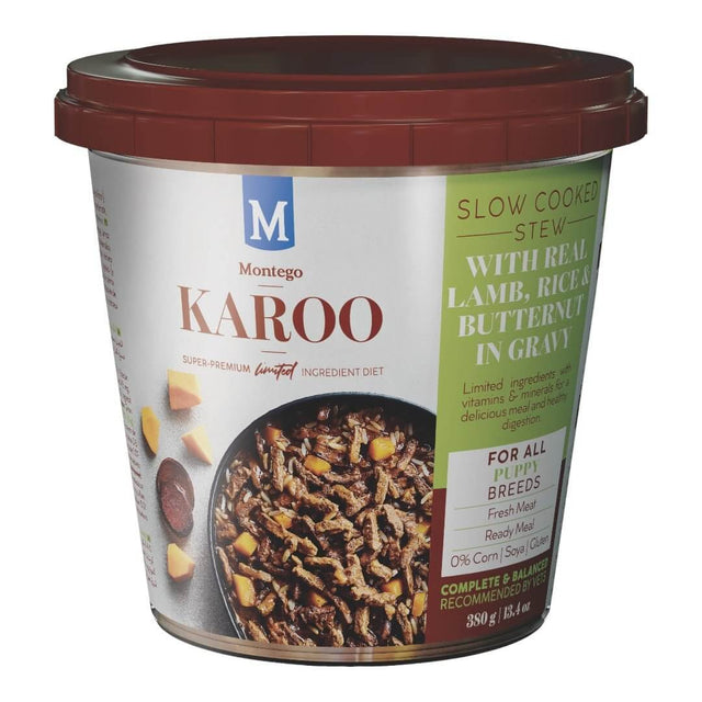 Montego Karoo Puppy Wet Food Lamb 380g tub featuring slow-cooked stew with lamb, rice, and butternut in gravy.