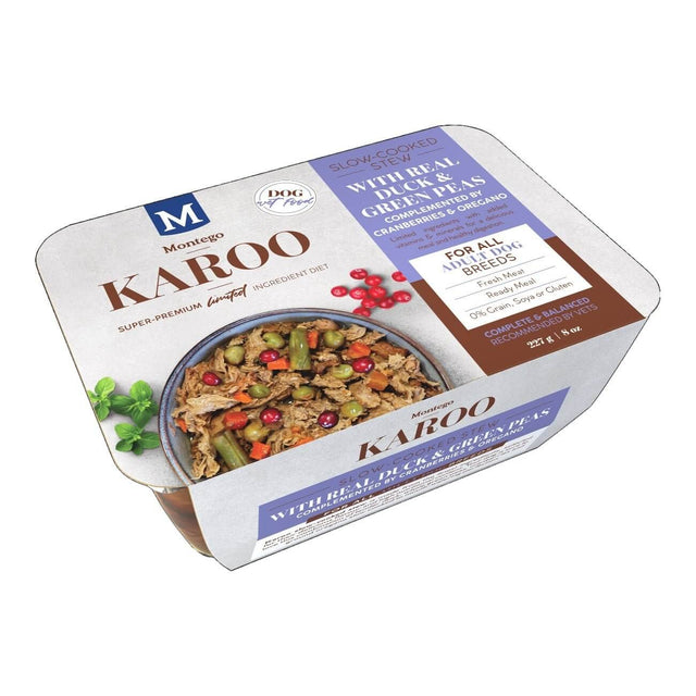 Montego Karoo Slow Cooked Stew for dogs, super-premium wet food with duck and green peas in a ready-to-serve container.