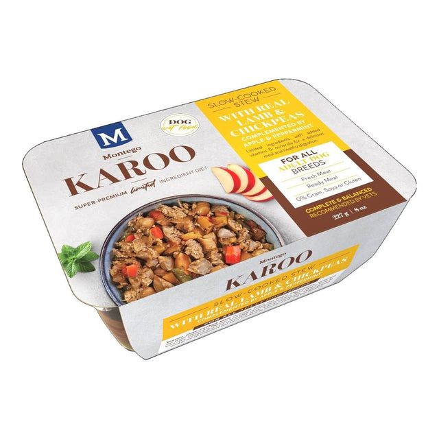 Montego Karoo Slow Cooked Stew for dogs in a pack, featuring real chicken and vegetables, perfect for all breeds.