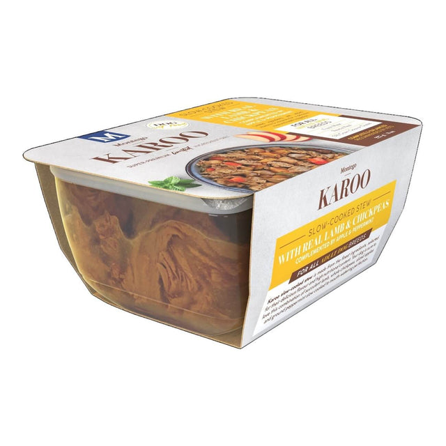 Montego Karoo Slow Cooked Stew Wet Foods for dogs in a ready-to-serve packaging, made with real lamb and chickpeas.