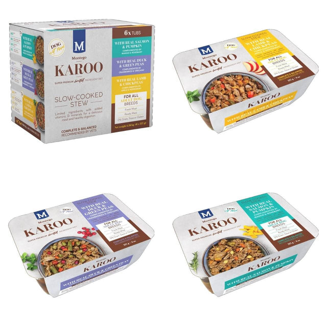 Montego Karoo Slow Cooked Stew wet food tubs for dogs, featuring a variety of flavors in a convenient packaging.
