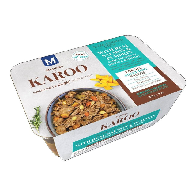 Montego Karoo Slow Cooked Stew for dogs with real pumpkin, super-premium limited ingredient diet, ready to serve.