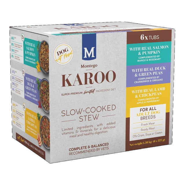 Montego Karoo Slow Cooked Stew Wet Foods for dogs in packaging, featuring various protein ingredients for healthy digestion.