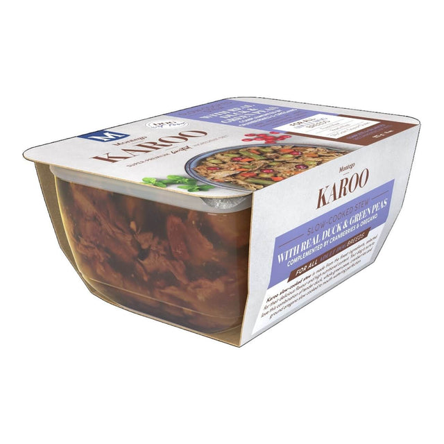 Montego Karoo Slow Cooked Stew wet food for dogs with real duck and green peas in a ready-to-serve packaging.