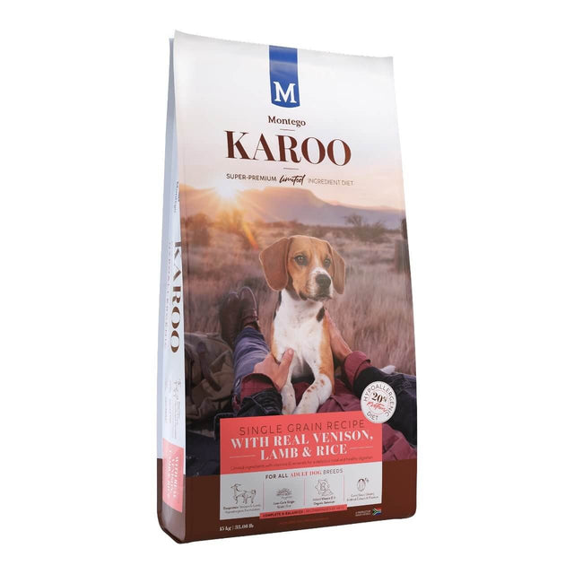 Montego Karoo Venison and Lamb hypoallergenic dog food bag with a dog in a scenic outdoor setting.