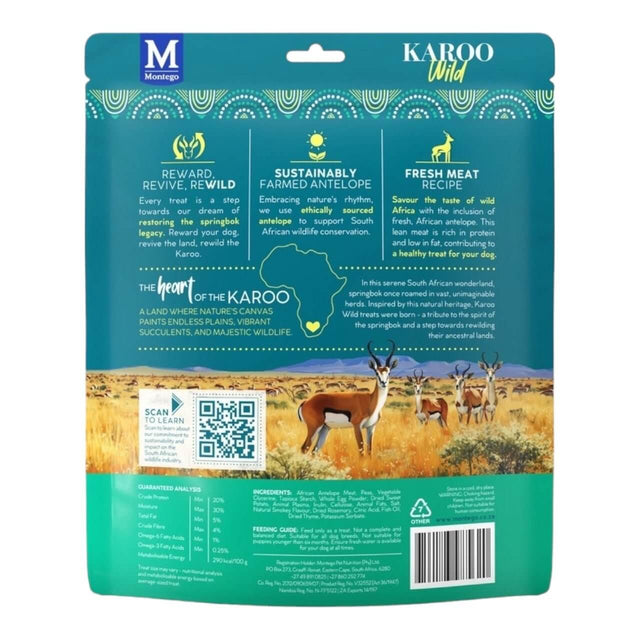 Montego Karoo Wild Sticks packaging featuring sustainable antelope, vibrant landscape, and key product highlights.