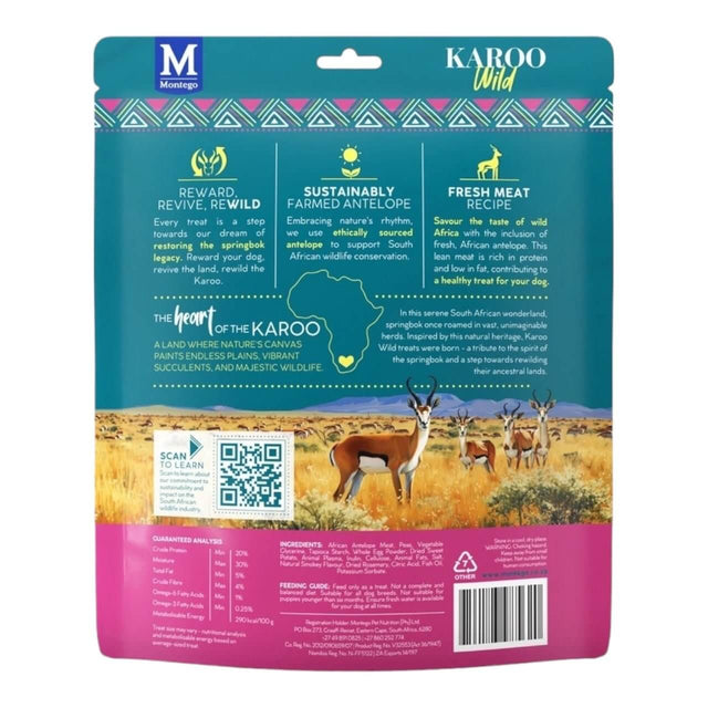 Montego Karoo Wild Sticks packaging showcasing sustainable antelope farming and a fresh meat recipe for dogs.