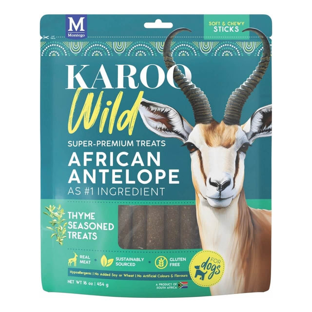 Karoo Wild Sticks dog treats packaging featuring African antelope as main ingredient, sustainable and gluten-free, 454g.