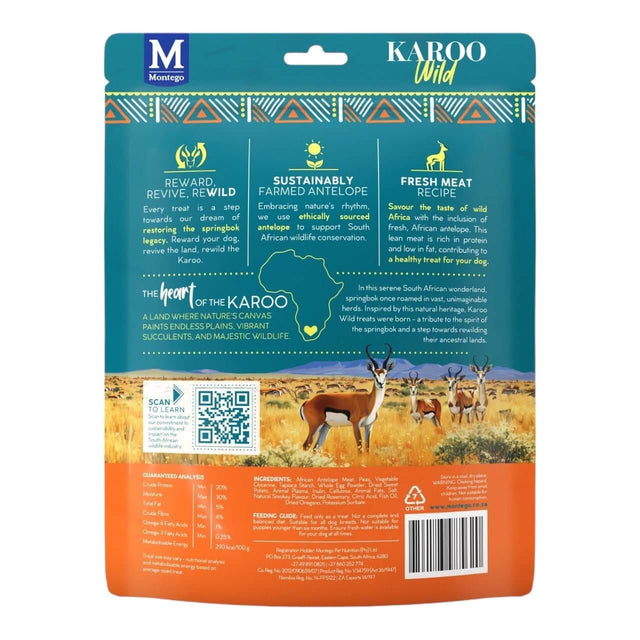 Karoo Wild Trail Bites dog treat packaging, featuring information about sustainably sourced ingredients and the Karoo region.