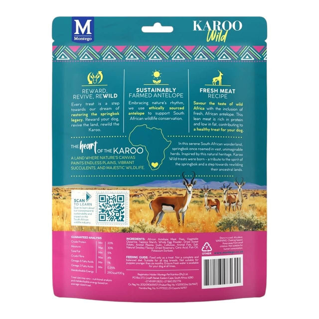 Karoo Wild Trail Bites dog treat packaging featuring sustainable farming and fresh meat recipe details.