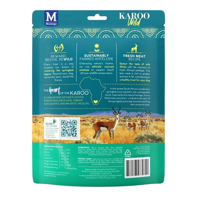Back of Montego Karoo Wild Trail Bites package, showcasing sustainable ingredients and the heart of the Karoo region.
