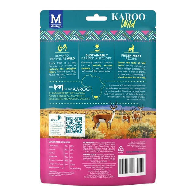 Karoo Wild Training Bits packaging featuring sustainable ingredients and fresh meat recipe for dog treats.