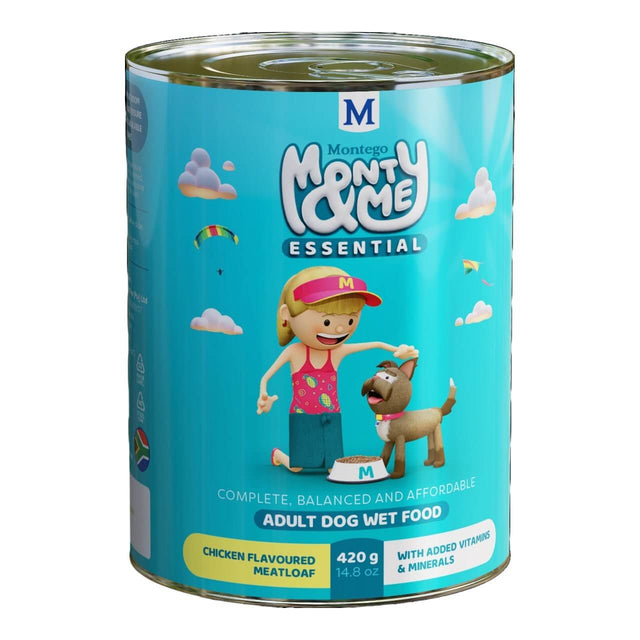 Montego Monty & Me Essential Adult Wet Dog Food can with chicken flavor, 420g, featuring a playful cartoon girl and dog.