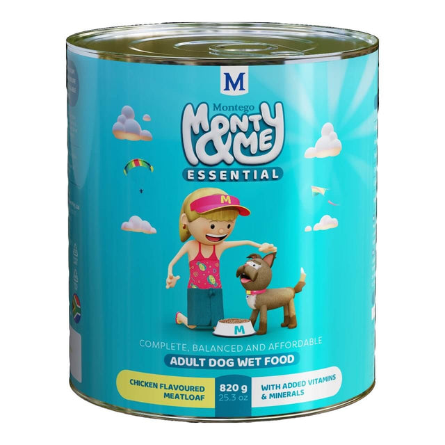 Montego Monty & Me Essential Adult Wet Dog Food can featuring chicken meatloaf for nutritious pet meals with added vitamins.