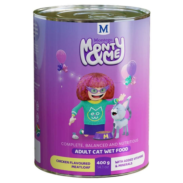 Montego Monty & Me Chicken Flavoured Adult Wet Cat Food 400g, featuring a colorful can design with playful characters.