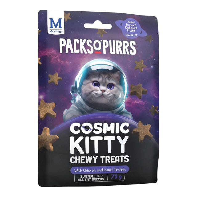 Montego Packs O Purrs Cosmic Kitty Cat Treats packaging featuring a cat in an astronaut suit against a starry background.