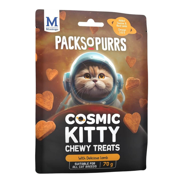 Montego Packs O Purrs Cosmic Kitty Cat Treats with adorable cat in space helmet and heart-shaped snacks, 70g package.