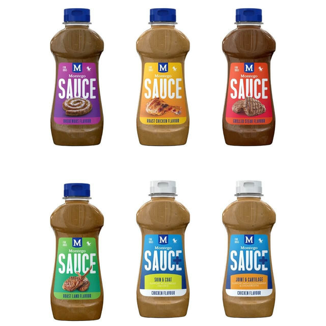 Montego Sauce bottles showcasing various flavors for dogs, including chicken, lamb, and beef, arranged in two rows.