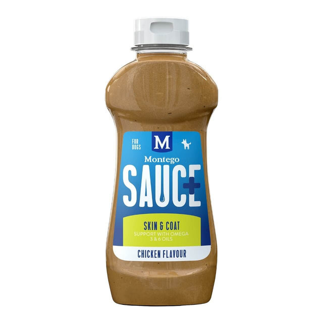 Montego Sauce for dogs in a bottle, chicken flavor, promotes skin and coat health with omega 3 and 6 oils.