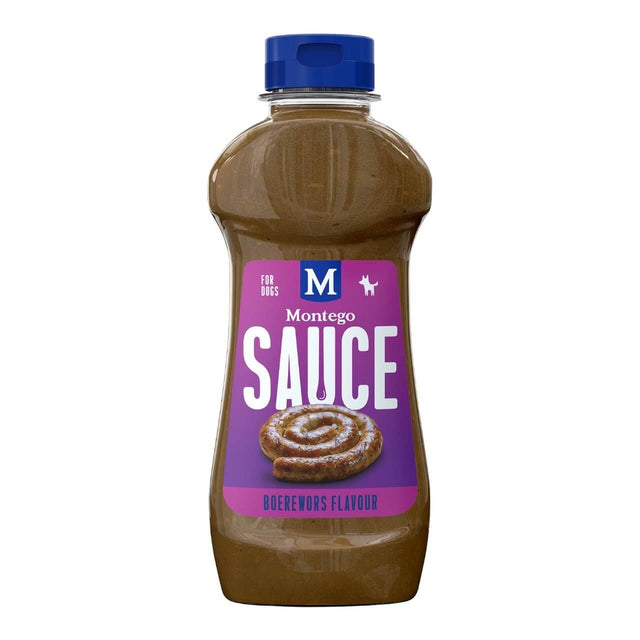 Montego Sauce 500ml bottle for dogs, Boerwerwors flavour, adds excitement to pet meals.