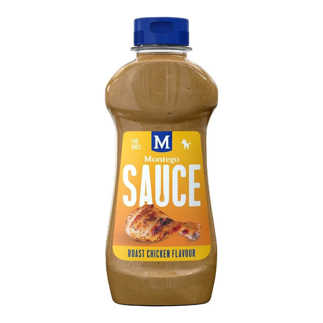 Montego Sauce for dogs, roast chicken flavor in a 500ml bottle, enhancing pet meals and making mealtime special.