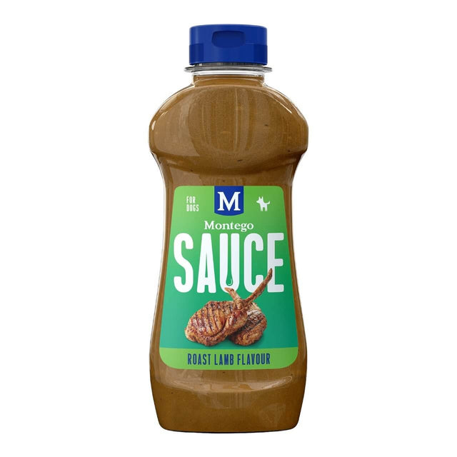 Montego Sauce for Dogs, 500ml bottle, roast lamb flavor, enhances pet meals and adds variety.