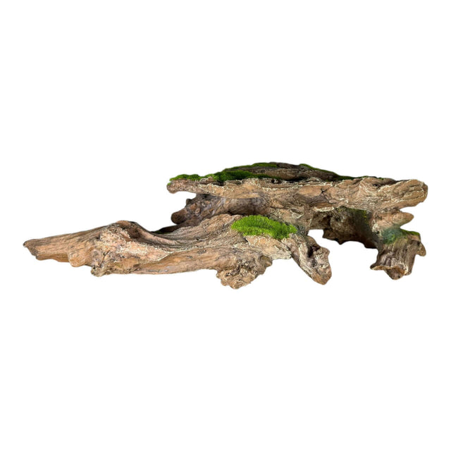 Moss covered tree stump aquarium ornament with realistic wood texture for natural aquatic decor.
