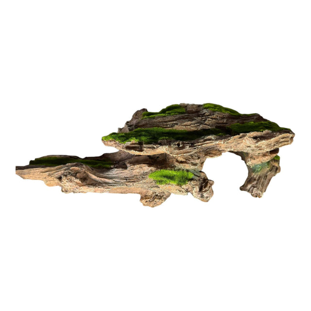 Moss covered tree stump aquarium ornament with realistic texture and natural design for aquatic environments.