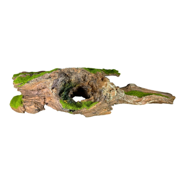 Realistic moss-covered tree stump aquarium ornament adding natural beauty and texture to aquatic environments.