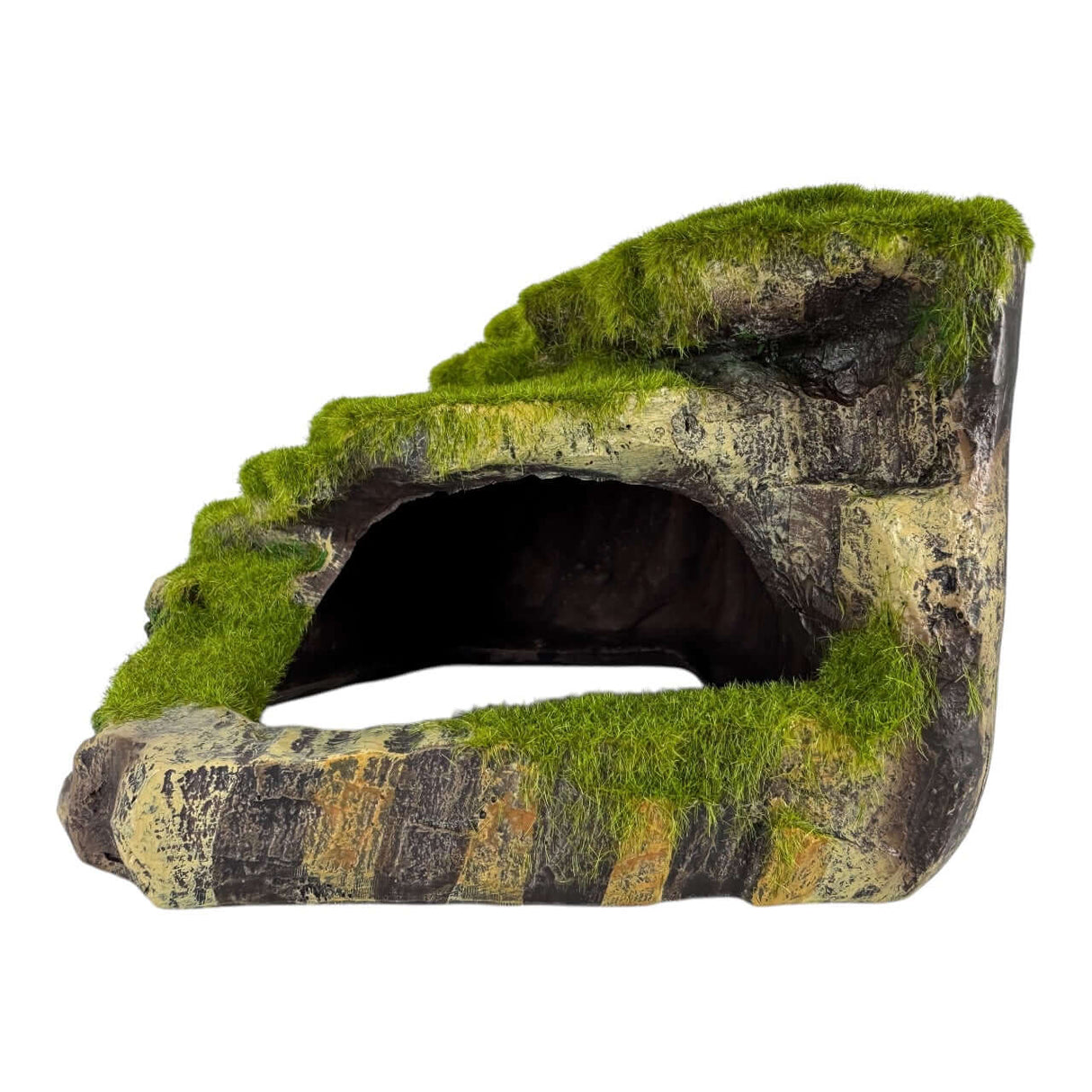 L-shaped Mountain Terraces aquarium ornament with moss accents, perfect for enhancing aquatic environments.