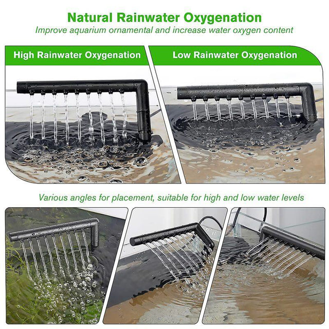 Natural rainwater oxygenation device showcasing high and low oxygenation levels for aquariums at various water levels.