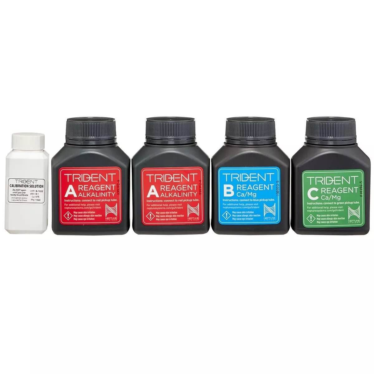 Neptune Trident Reagent Kit including bottles for alkalinity, calcium/magnesium, and calibration solution.
