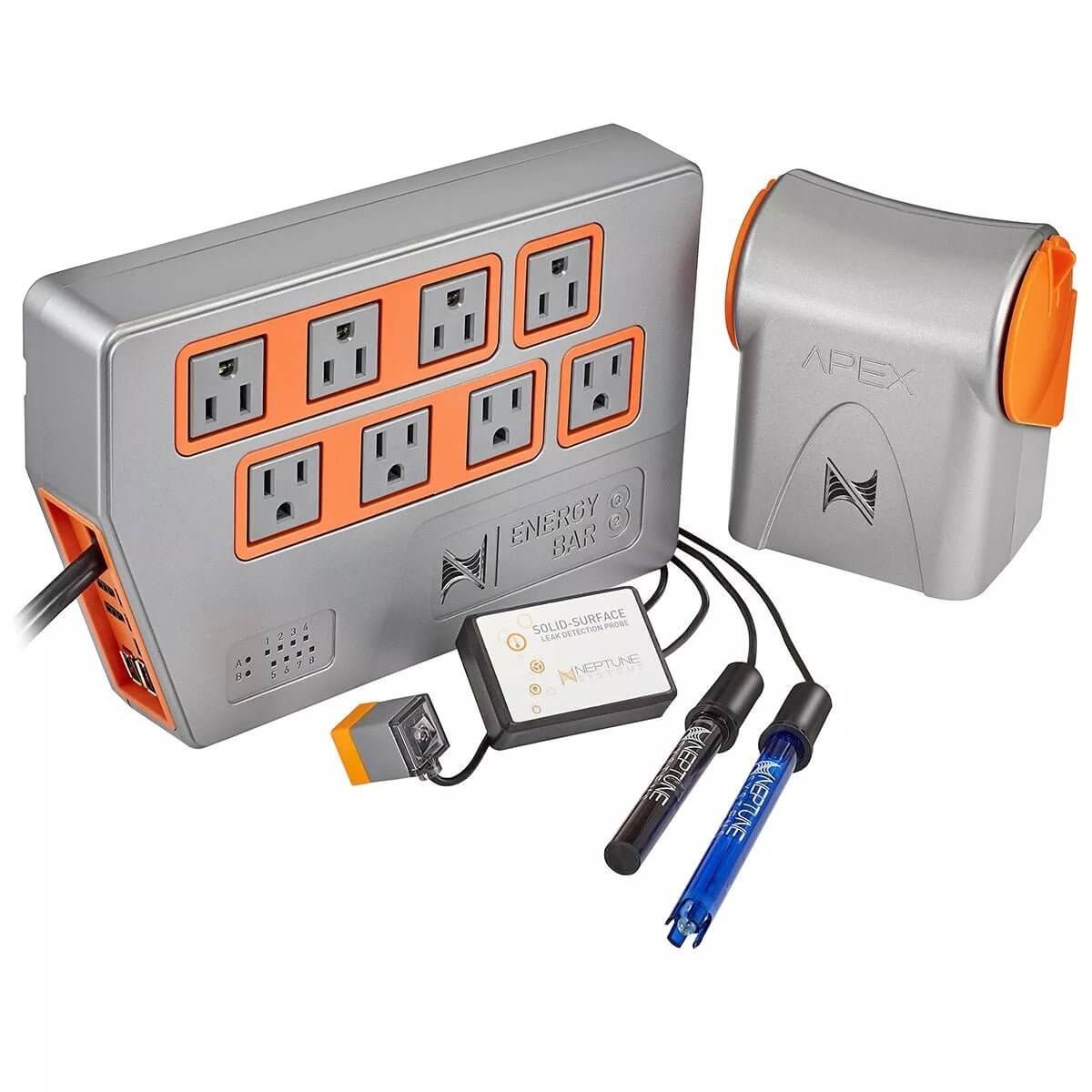 Neptune A3 Apex Energy Bar with multiple outlets, pH and temperature probes, ideal for aquarium control systems.